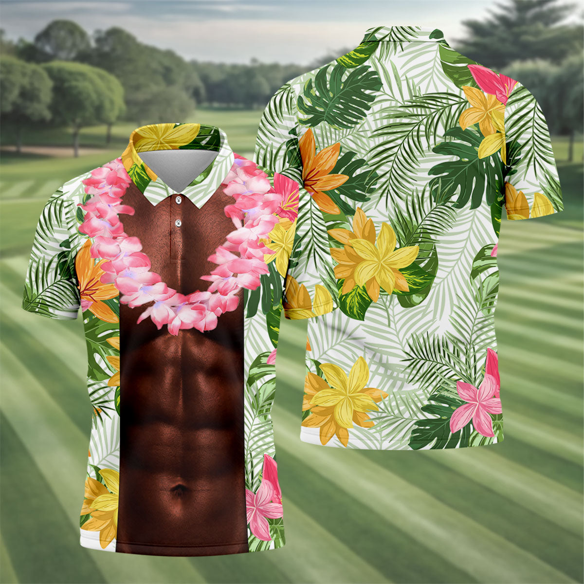 Dark Skin Tropical Muscle Chest Hawaiian Golf Polo Shirt, Polo Shirts For Men, Mens Golf Apparel