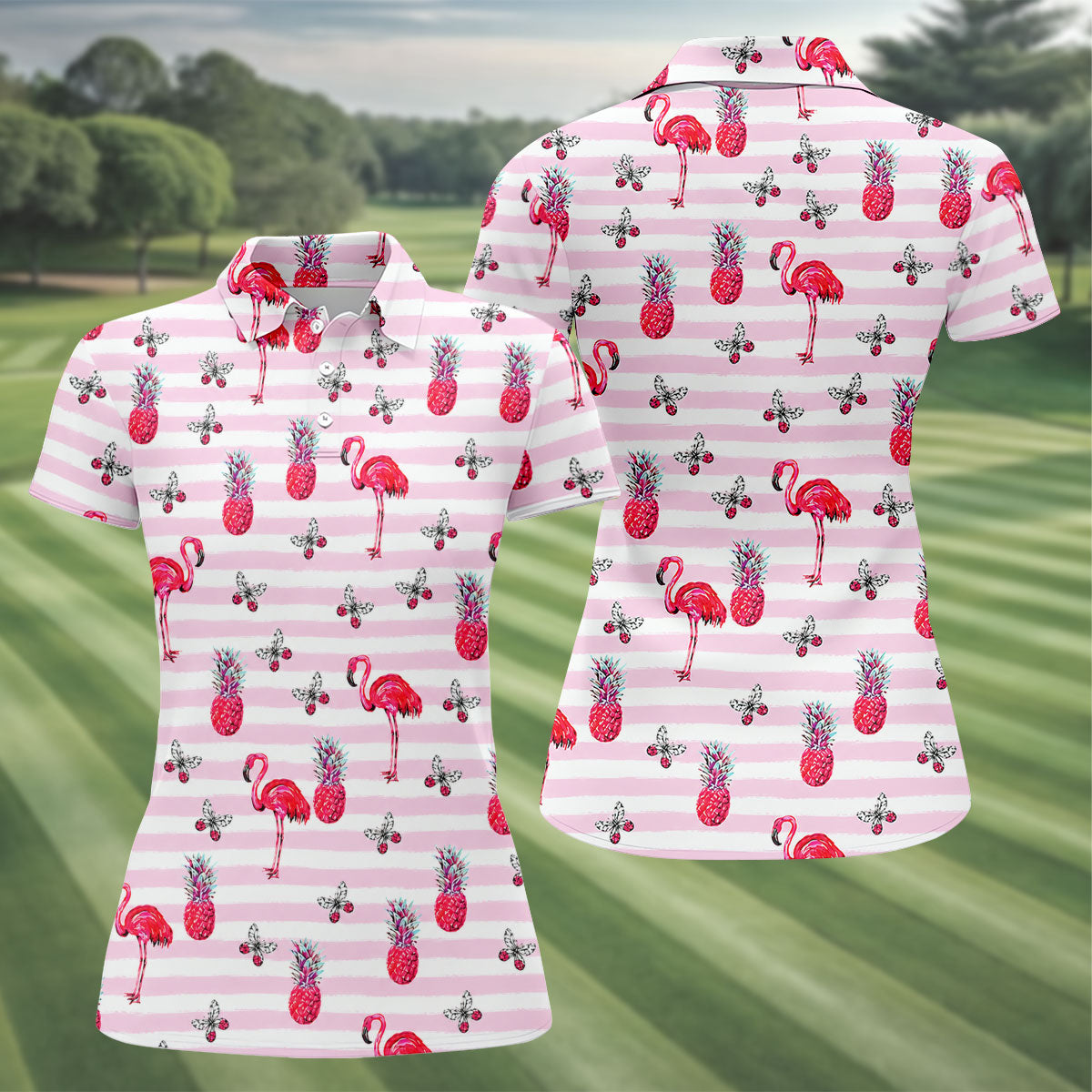 Pink Flamingo Pineapple Hawaiian Golf Polo Shirt, Golf Tops For Women, Printed Golf Shirt