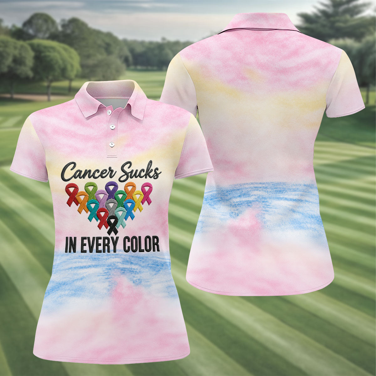 Cancer Sucks In Every Color Ribbon Polo Shirt, Ladies Golf Tops, Women’s Golf Polo