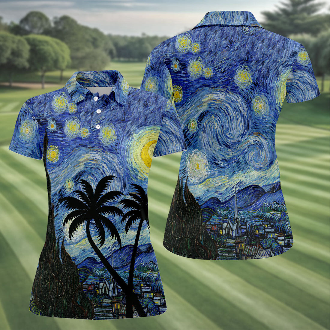 Van Gogh Starry Night Tropical Palm Tree Golf Shirt, Golf Polo For Women, Printed Golf Shirt