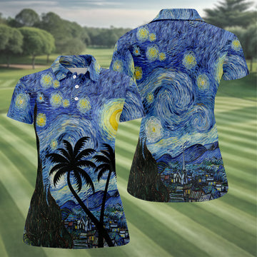 Van Gogh Starry Night Tropical Palm Tree Golf Shirt, Golf Polo For Women, Printed Golf Shirt