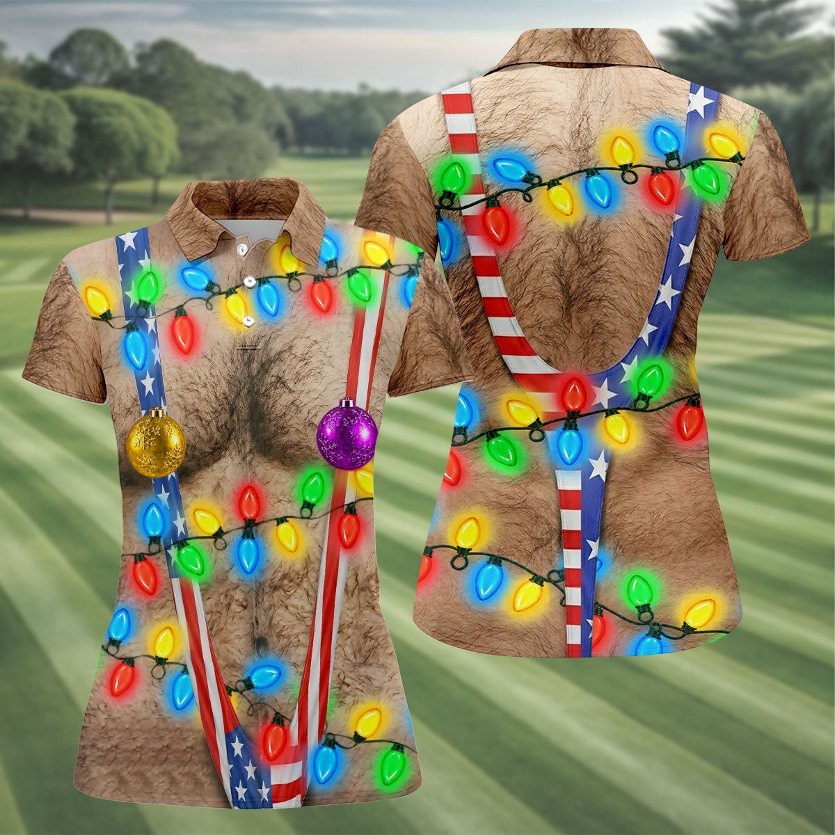 Christmas Lights Suspenders Polo Shirt, Women’s Golf Polo, Golf Shirts For Women