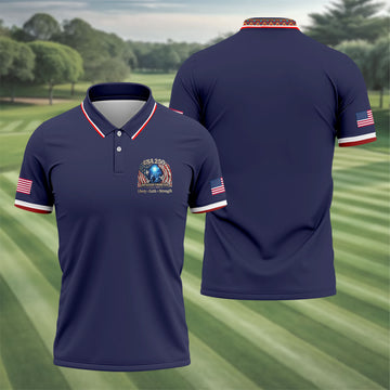 One Nation Under God Faith Cross USA 250 Logo Navy Golf Shirt, 4th Of July Golf Shirts For Men