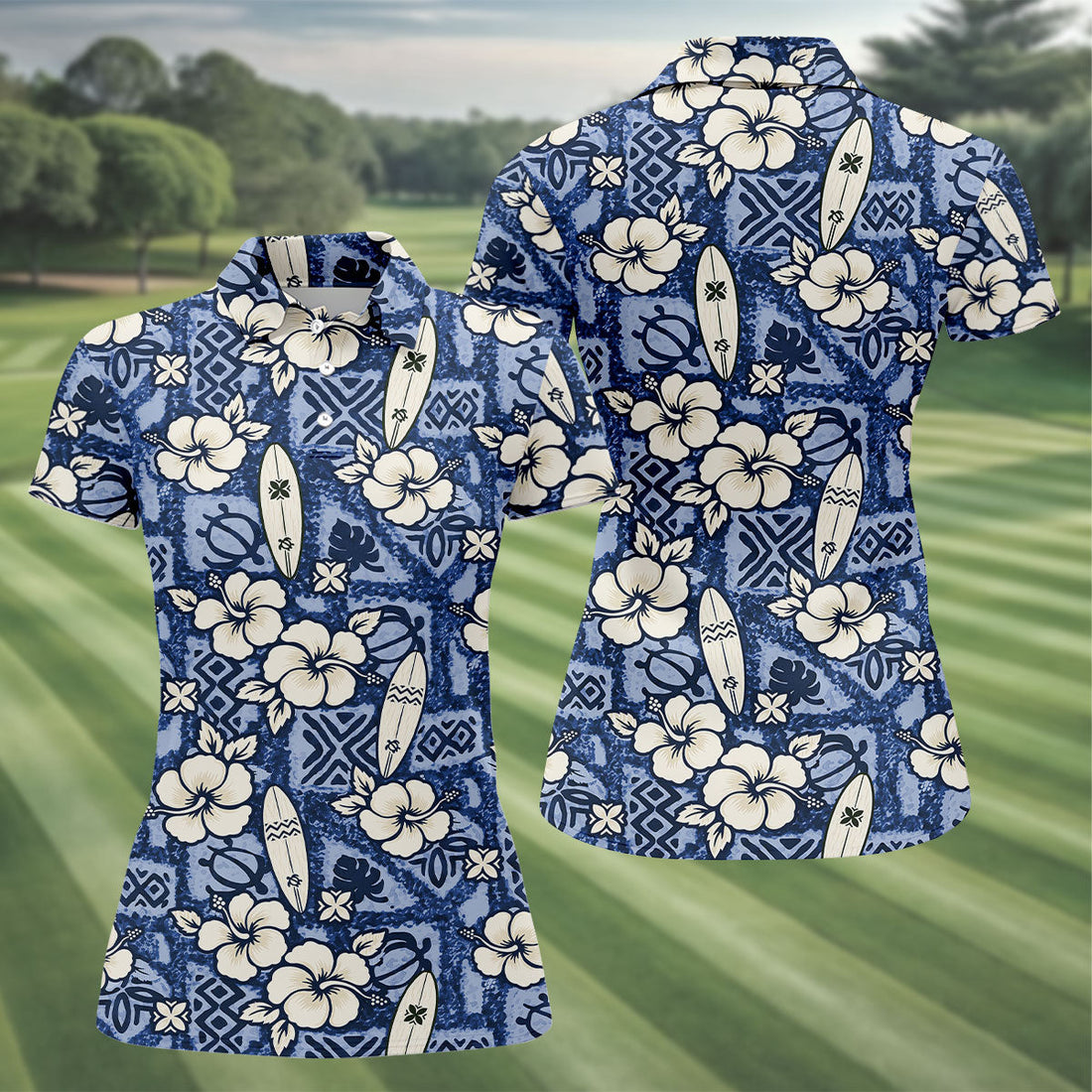 Blue Hawaiian Surfboard Hibiscus Golf Shirt, Women's Golf Shirt, Hawaiian Golf Shirt, Golf Polo For Women