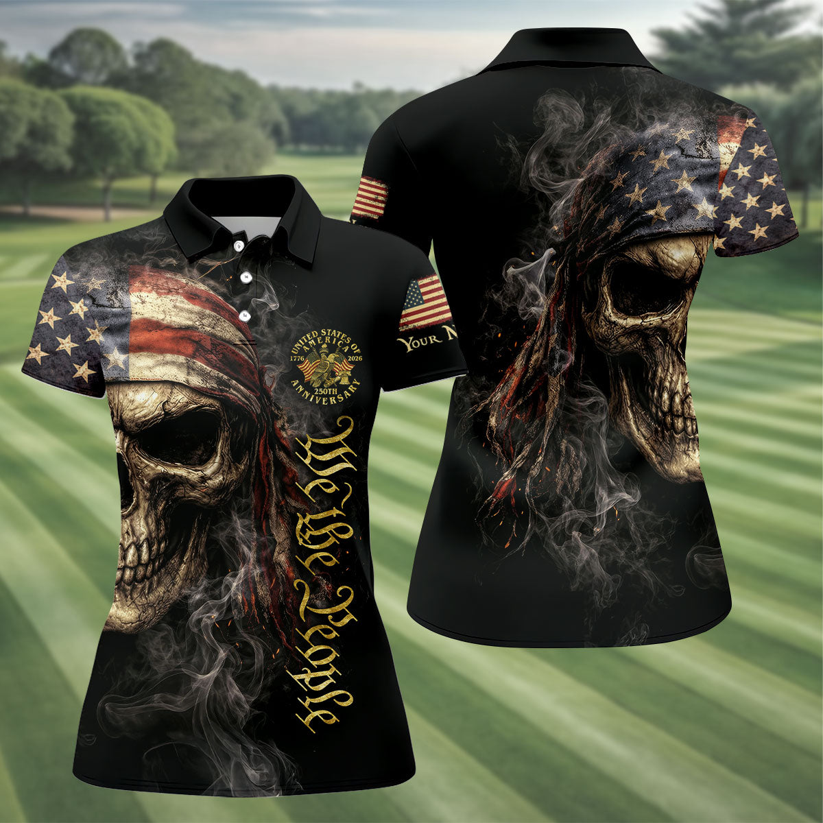 USA 250th Anniversary We The People Patriotic Skull Golf Shirt, 4th Of July Golf Shirt For Women
