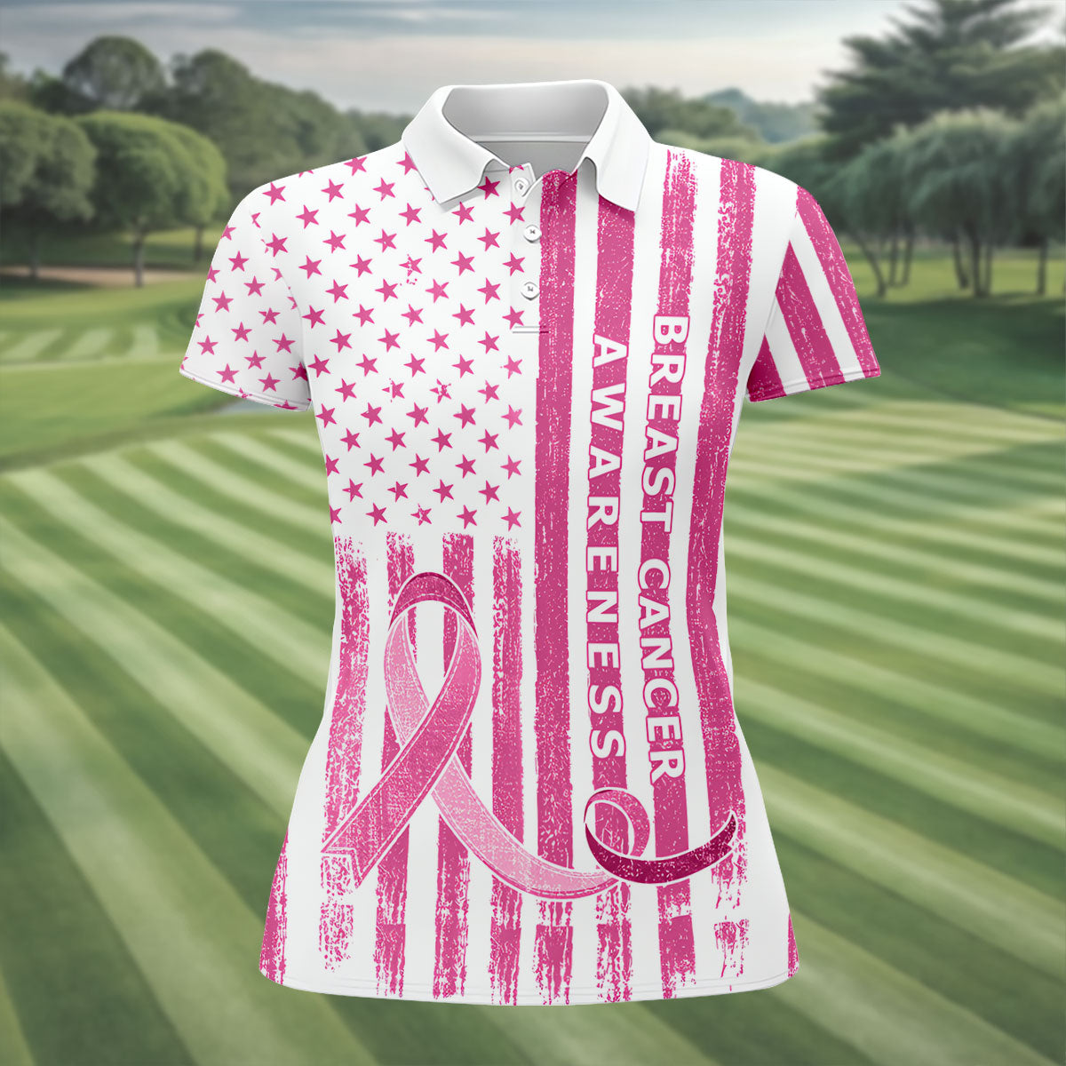 American Flag Breast Cancer Ribbon Polo Shirt, Women’s Golf Polo, Ladies Golf Tops