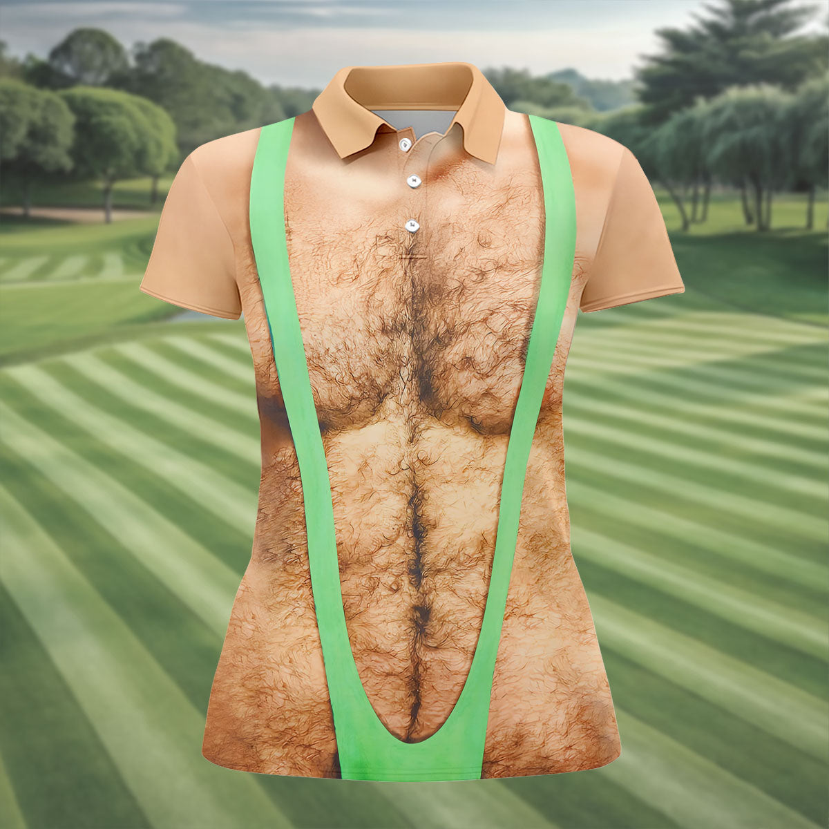 Funny Hairy Chest Illusion Golf Polo Shirt, Women's Golf Tops, Printed Golf Shirt