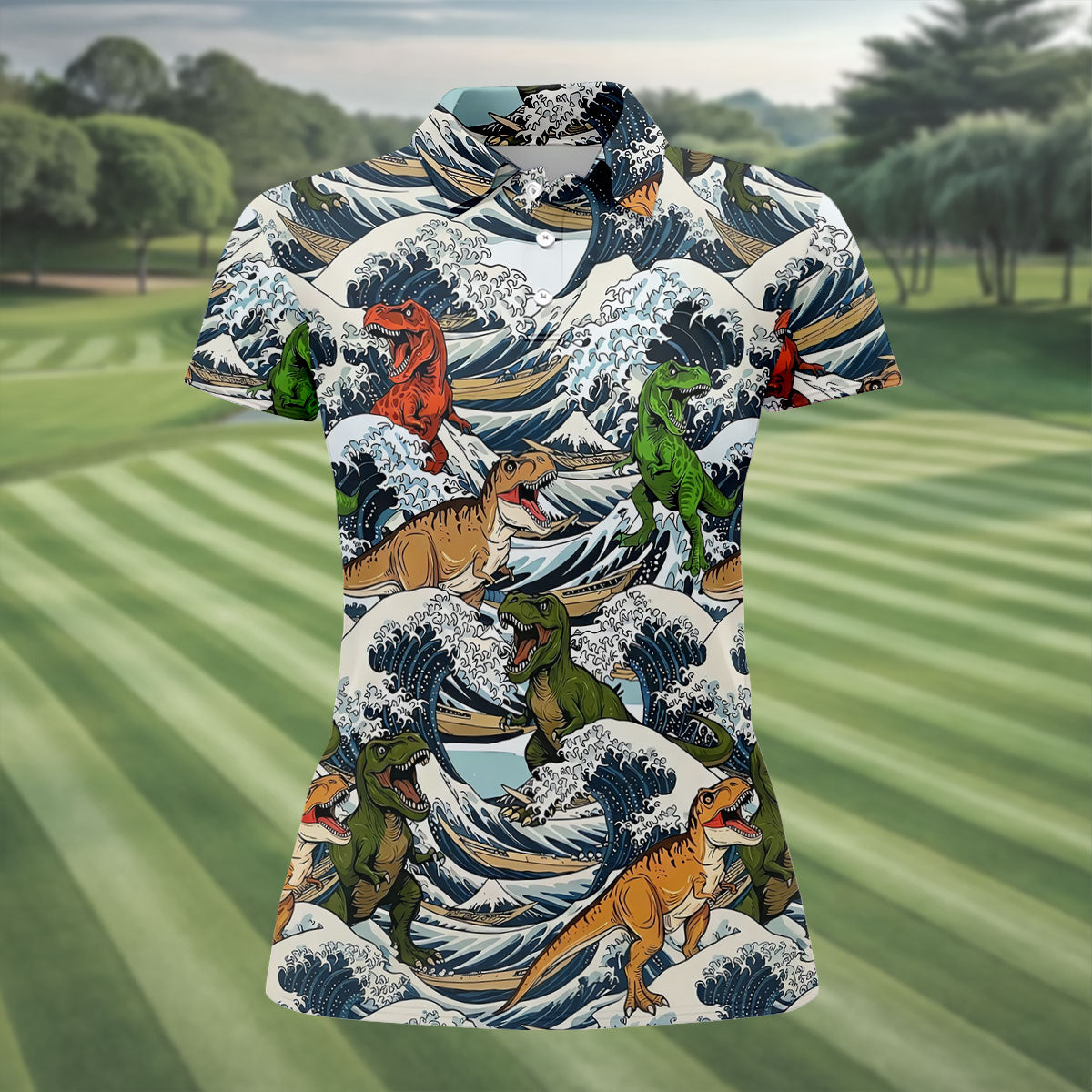 T Rex Surfing Great Wave Golf Polo Shirt, Women's Golf Polo, Golf Shirts For Women