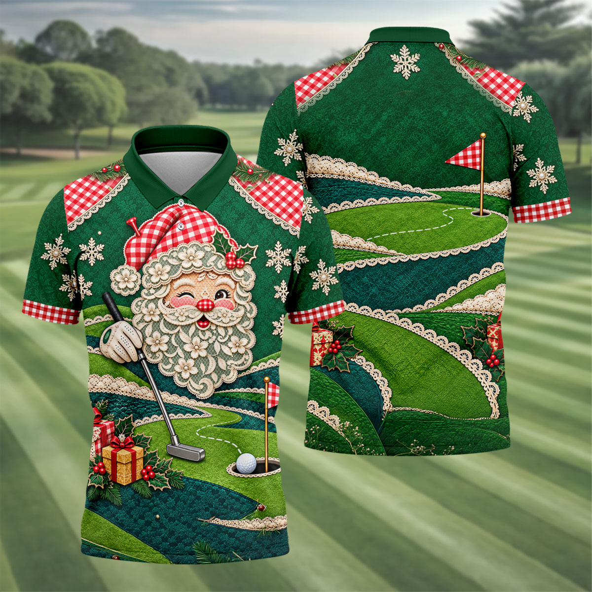 Christmas Winking Santa Golf Polo Shirt, Christmas Golf Shirt, Mens Golf Apparel