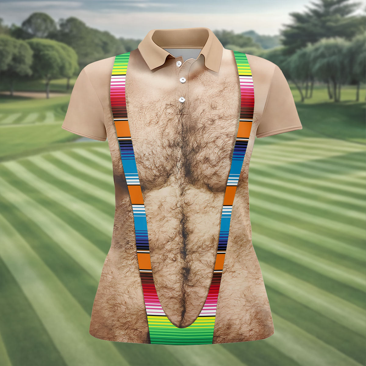 Hairy Body Serape Pattern Funny Cinco De Mayo Ladies Golf Tops, Golf Shirt For Women