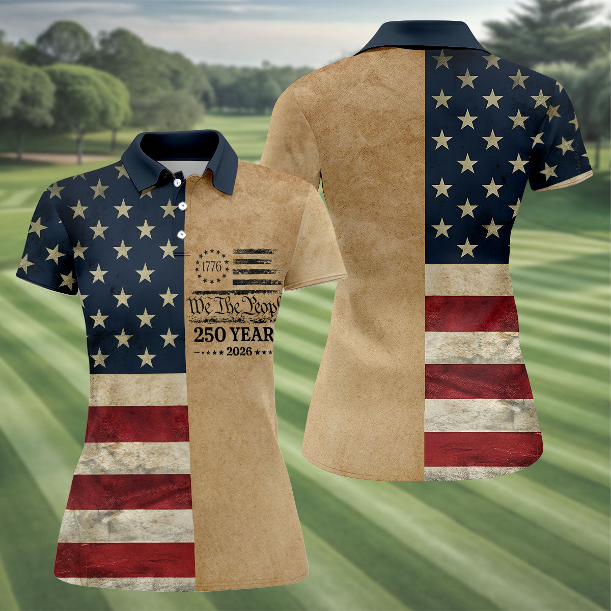 We The People 250 Years US Flag Pattern Patriotic Golf Shirt, 4th Of July Golf Shirt For Women