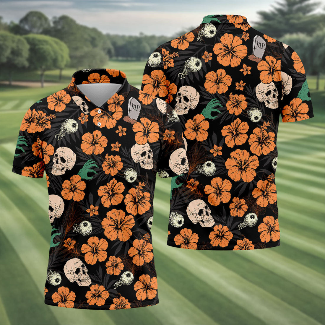 Halloween Skull Hibiscus Floral Pattern Golf Polo Shirt, Golf Polo Shirts For Men, Mens Golf Apparel