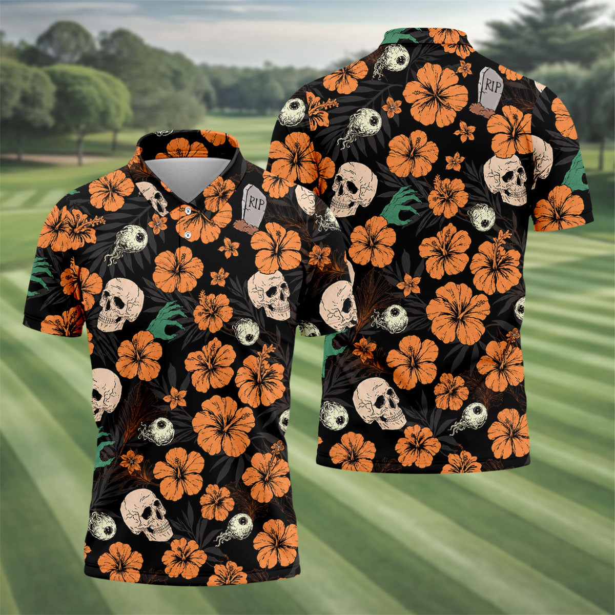 Halloween Skull Hibiscus Floral Pattern Golf Polo Shirt, Golf Polo Shirts For Men, Mens Golf Apparel