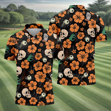 Halloween Skull Hibiscus Floral Pattern Golf Polo Shirt, Golf Polo Shirts For Men, Mens Golf Apparel