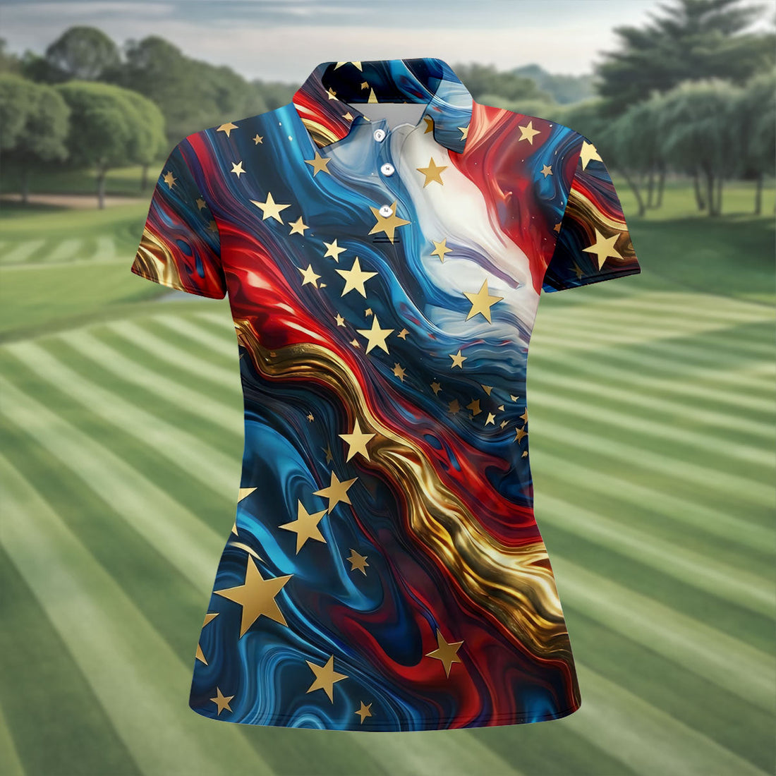 Abstract American Flag Stars Golf Polo Shirt, Women’s Golf Polo, Performance Golf Shirt