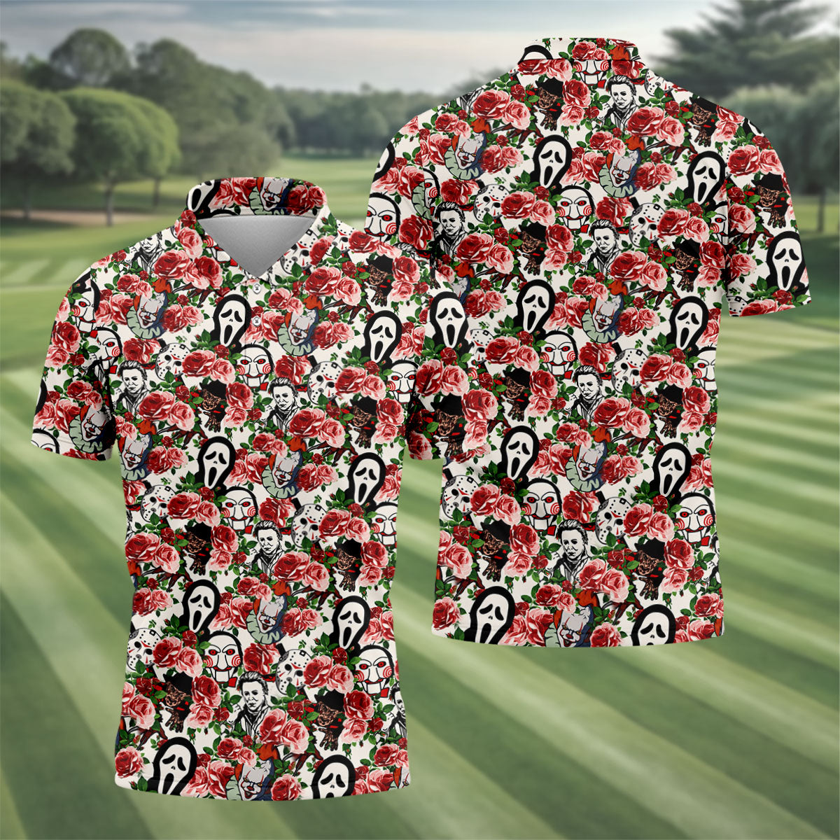 Rose Horror Character Collage Halloween Golf Shirt, Mens Golf Shirts, Golf Apparel For Men