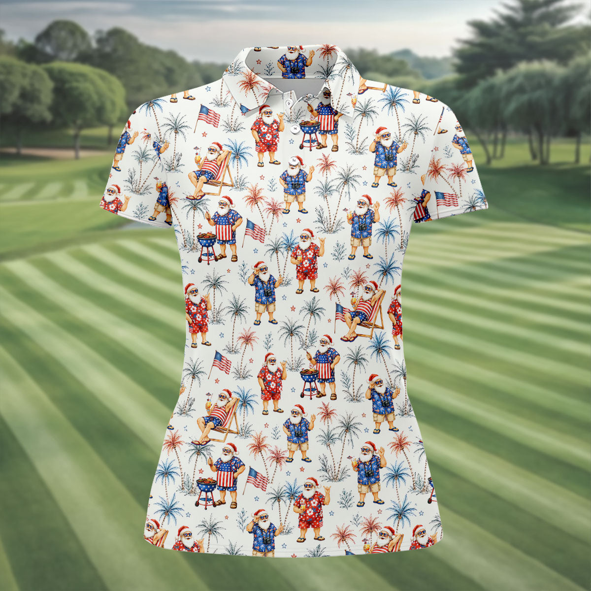 Patriotic Santa Tropical Christmas Polo Shirt, Womens Golf Polo, Hawaiian Golf Shirt