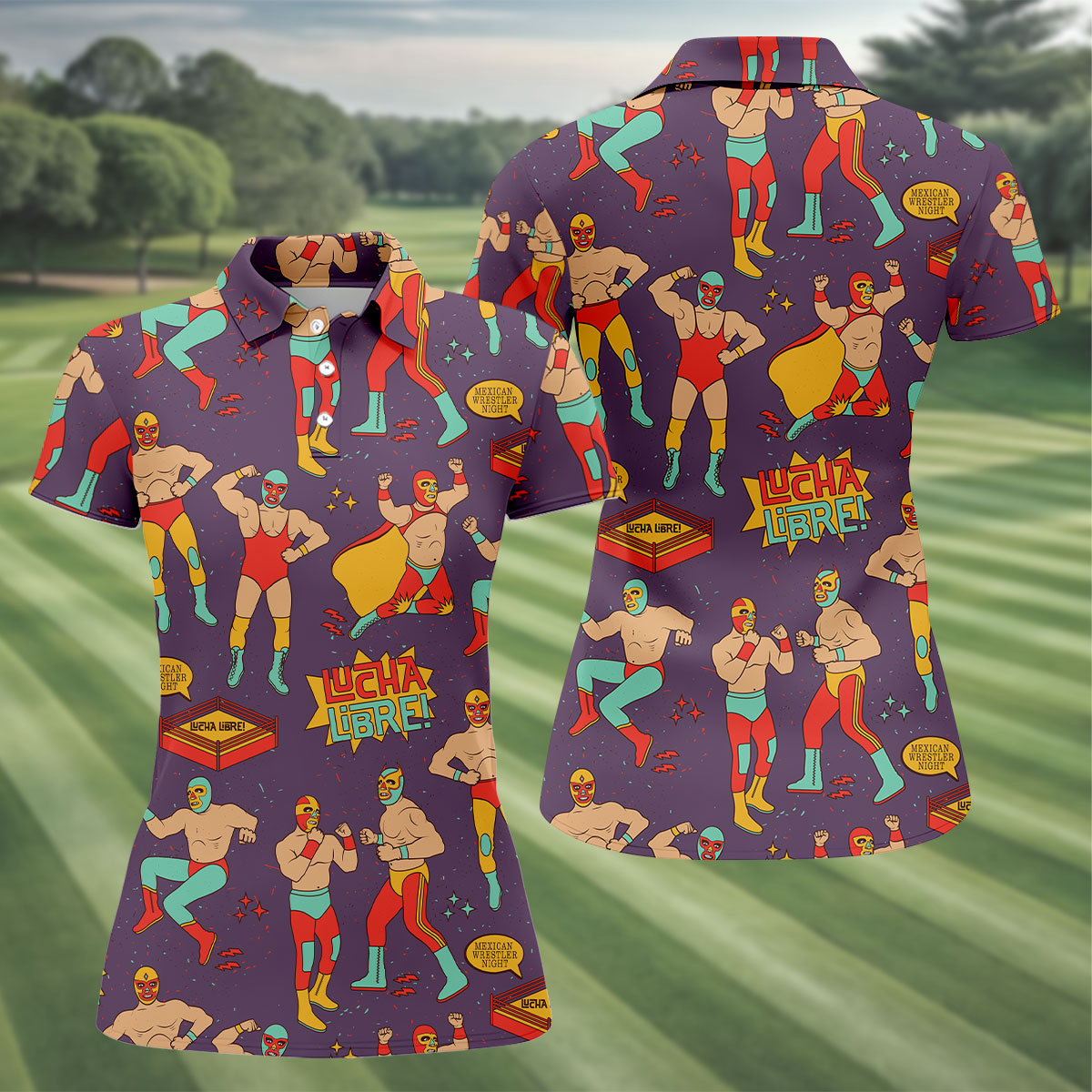 Purple Lucha Libre Mexican Wrestler Pattern Golf Shirt, Women’s Golf Polo, Ladies Golf Top