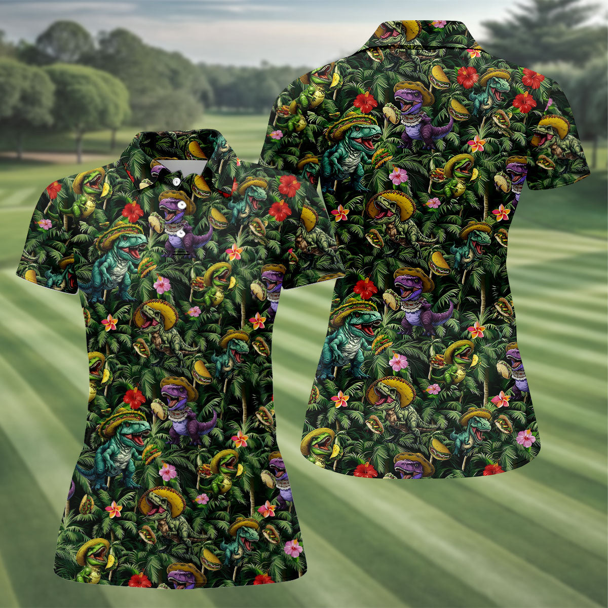 Hawaiian Dinosaur Sombreros Tacos Cinco De Mayo Celebration Fiesta Themed Golf Shirt For Women