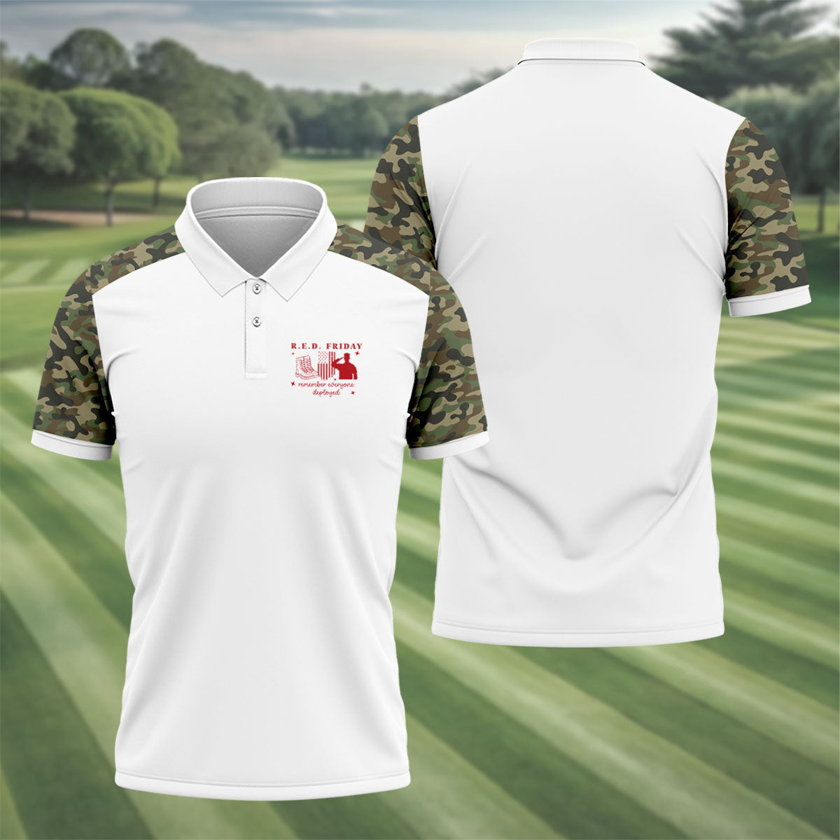 RED Friday Camo White Patriotic 4th Of July Golf Shirt, 250th Anniversary Golf Shirts For Men