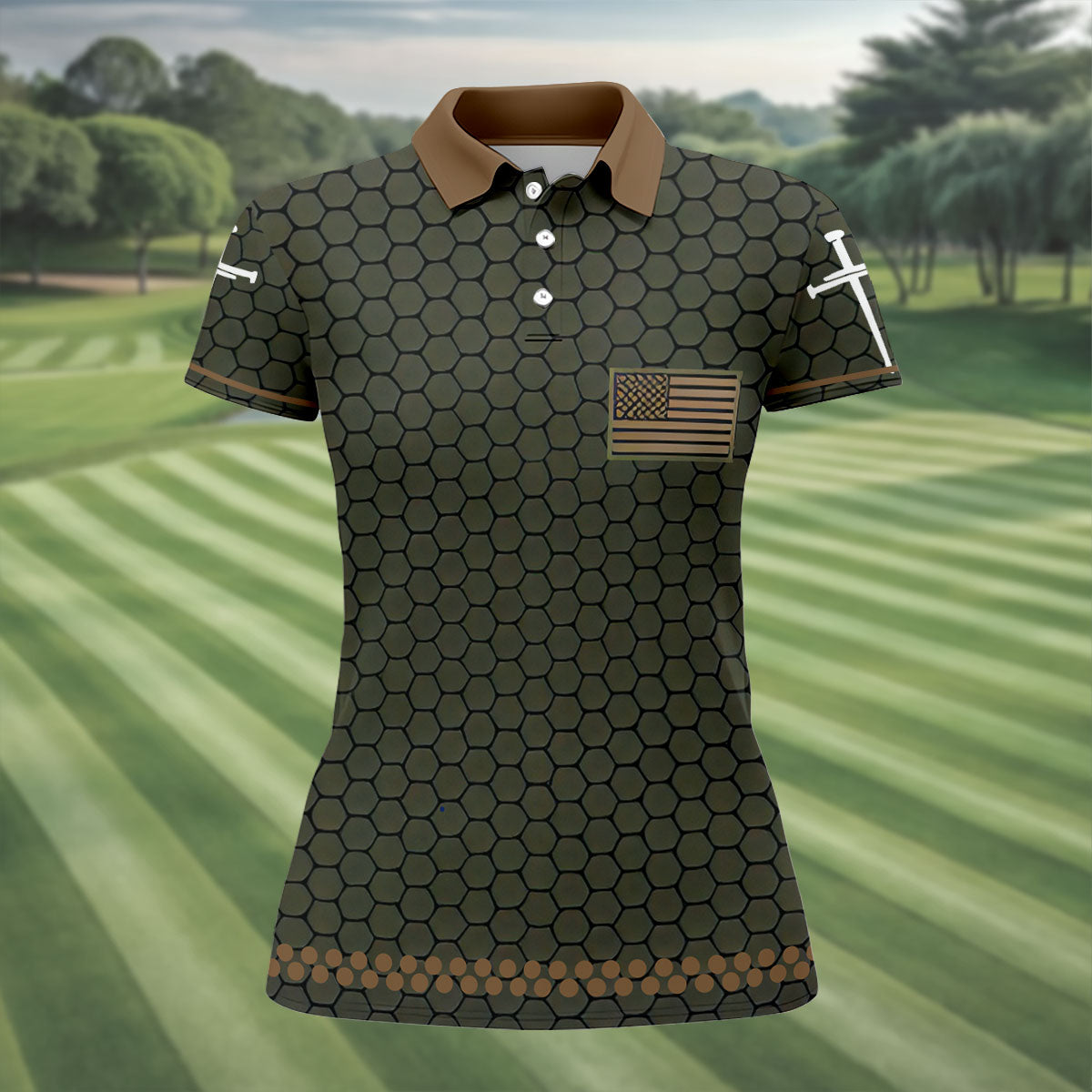 Faith Cross Bald Eagle America 250 Anniversary Hexagonal Pattern Patriotic Golf Shirt, Golf Shirt For Women