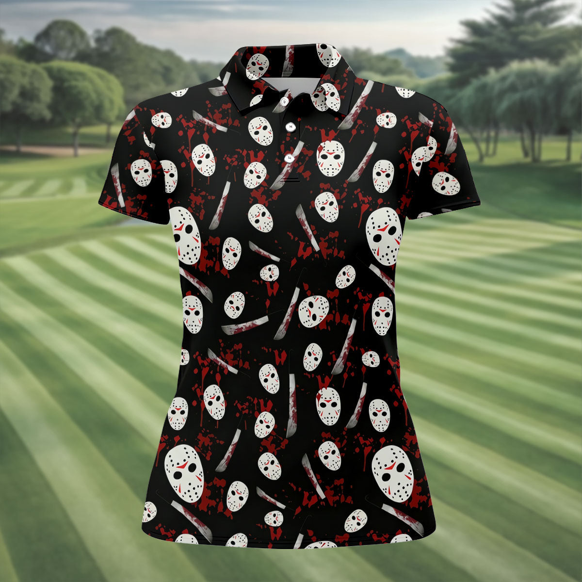 Hockey Mask Blood Pattern Halloween Golf Polo Shirt, Ladies Golf Tops, Golf Shirts For Women