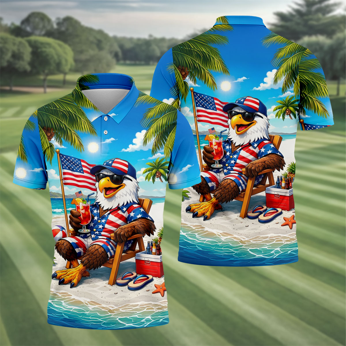 Funny Bald Eagle US Flag Pattern Hawaiian Golf Shirt, 250 Years Patriotic 4th Of July Golf Shirts For Men