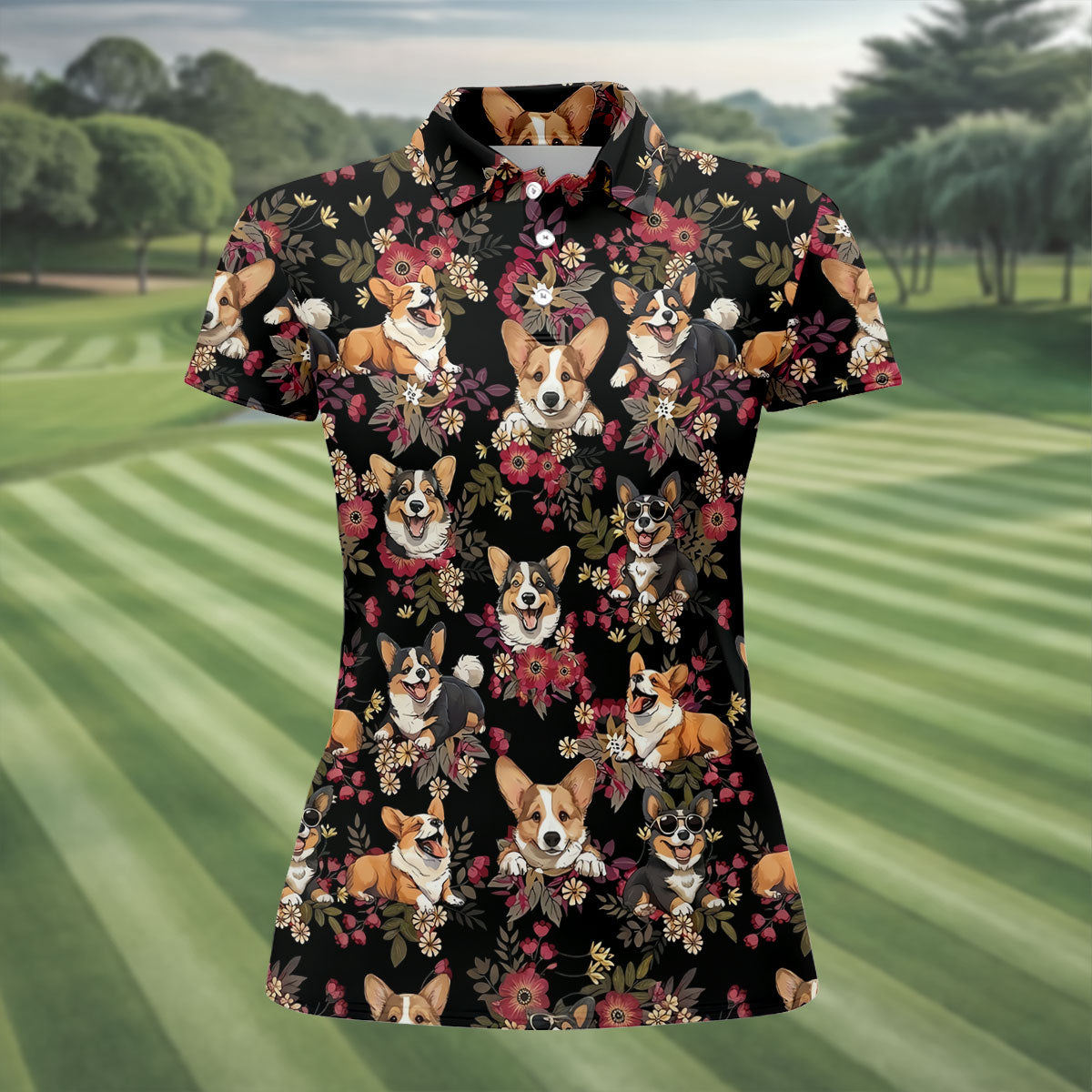 Cute Corgi Floral Hawaiian Pattern Polo Shirt, Womens Golf Polo, Funny Golf Shirt