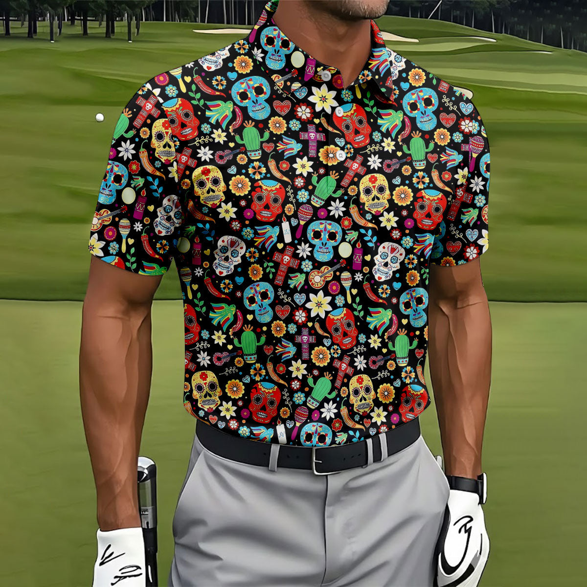 Skull With Flowers Cinco De Mayo Celebration Fiesta Themed Golf Tops For Men, Golf Shirts For Men