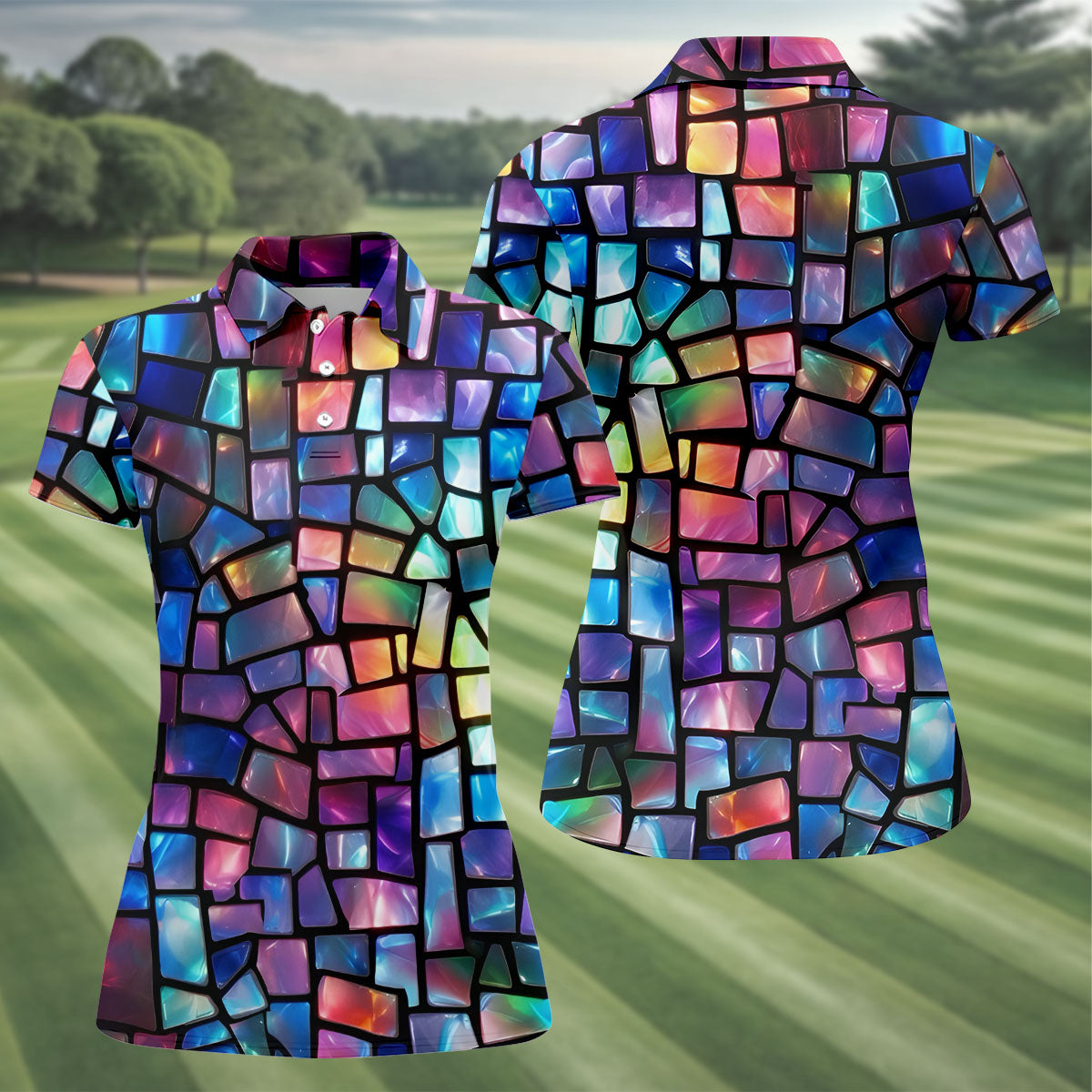 Colorful Stained Glass Mosaic Pattern Golf Shirt, Ladies Golf Shirts, Women’s Golf Apparel, Performance Golf Shirt