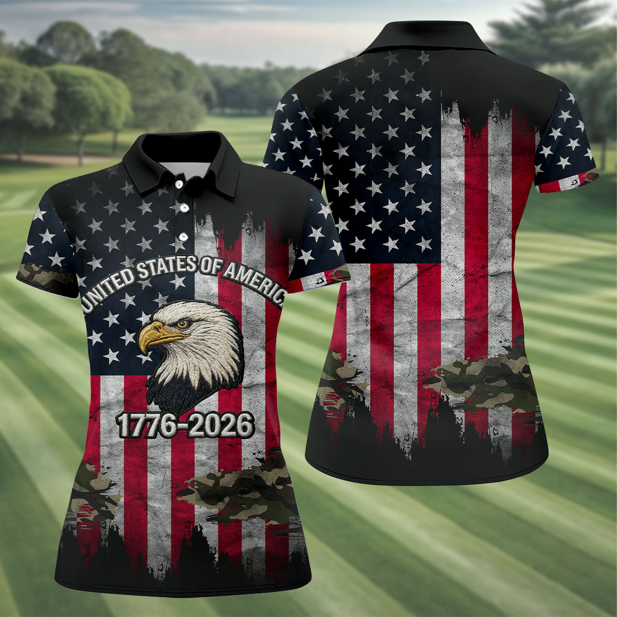 USA Bald Eagle 250 Years Camo American Flag Golf Shirt, Patriotic 4th Of July Golf Shirt For Women