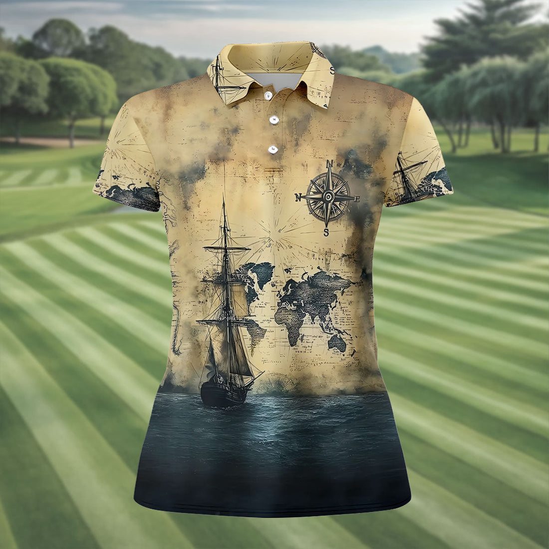 Vintage Ship Map Compass Ocean Golf Shirt, Golf Tops For Women, Women’s Golf Apparel