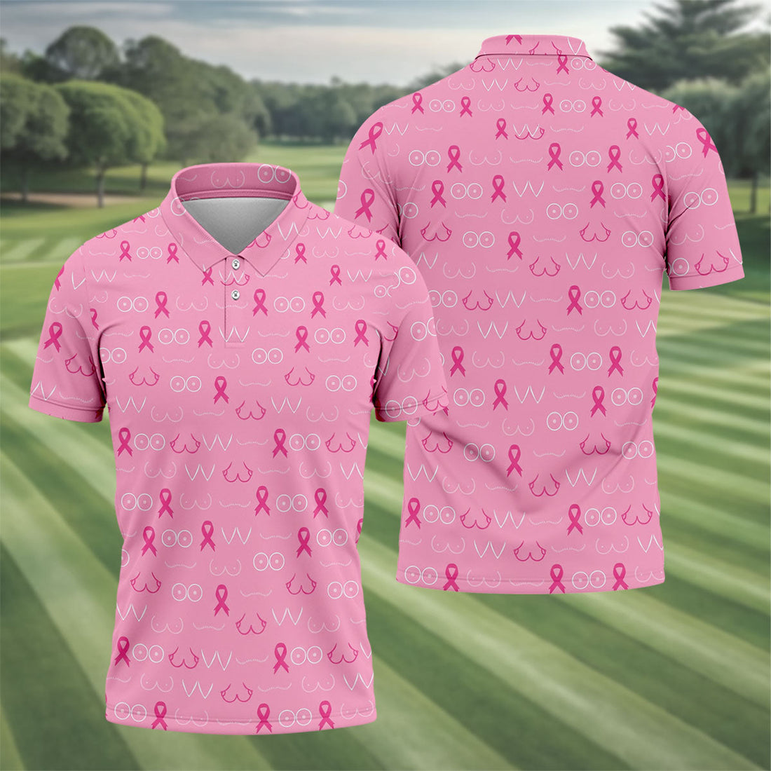 Pink Breast Line Art Breast Cancer Polo Shirt, Men's Golf Shirt, Mens Golf Apparel