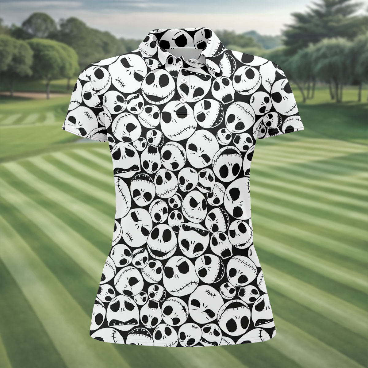Horror Character Skull Face All Over Golf Polo Shirt, Women's Golf Apparel, Golf Shirts For Women