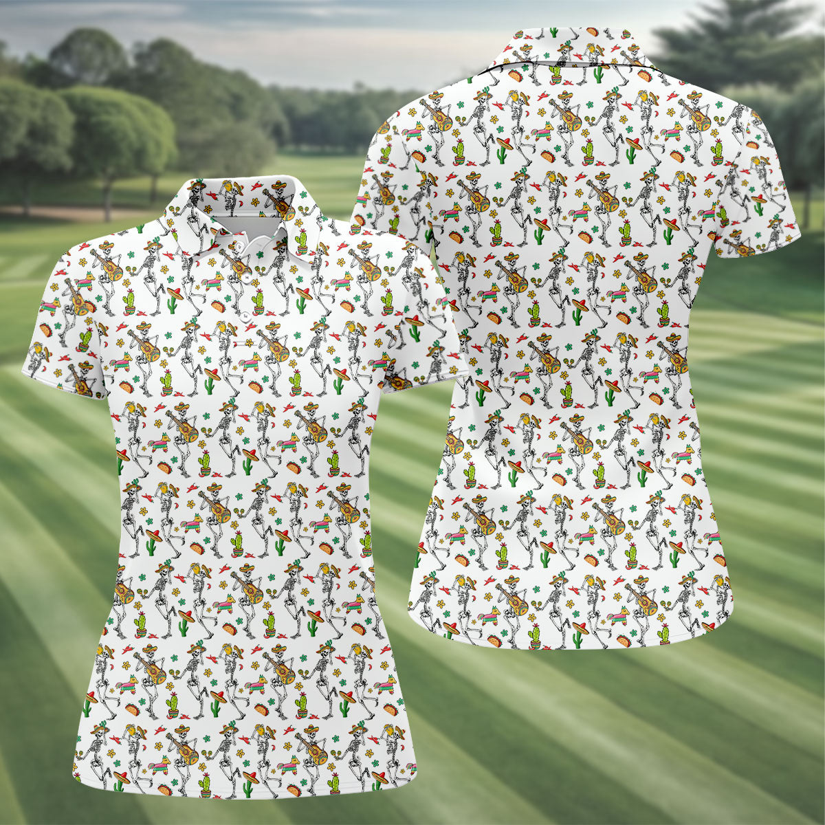 Dia De Muertos Skeletons Cinco De Mayo Celebration Fiesta Themed White Golf Shirt For Women