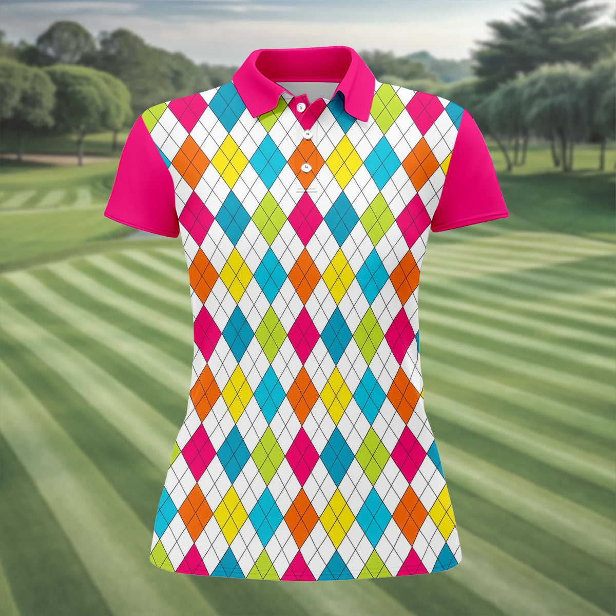 Pink Sleeve Colorful Argyle Plaid Golf Shirt, Golf Polo For Women, Printed Golf Shirt