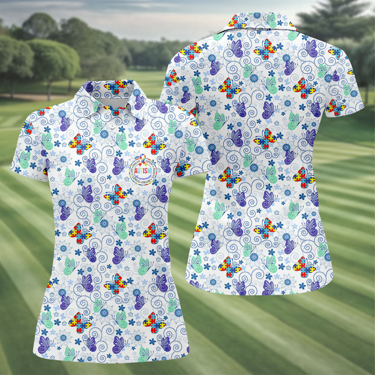 Autism Awareness Colors Puzzles Butterfly Floral Golf Shirt, Women's Golf Tops, Ladies Golf Shirts