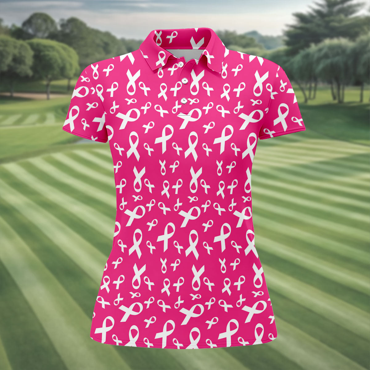 Hot Pink Breast Cancer Awareness Ribbon Polo Shirt, Ladies Golf Tops, Women’s Golf Polo