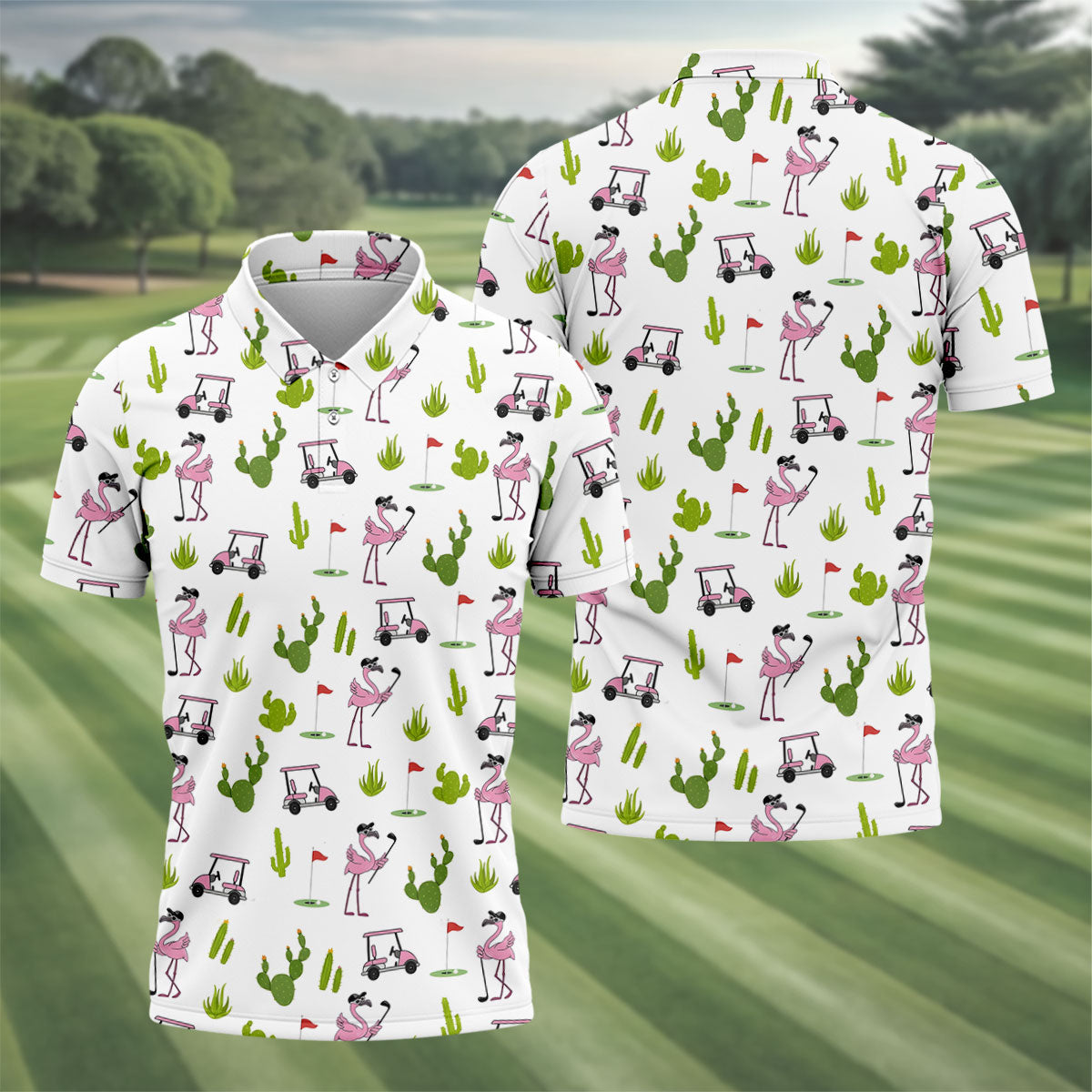 Pink Flamingo Golf Cart Cactus Hawaiian Golf Shirt, Mens Golf Polo, Golf Apparel For Men