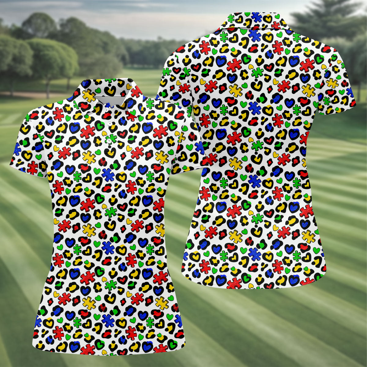 Autism Awareness Color Leopard Pattern White Golf Shirt, Women's Golf Tops, Ladies Golf Shirts, Ladies Golf Polos