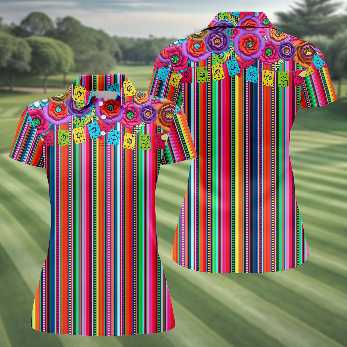 Mexican Serape Pattern Ladies Golf Tops, Cinco De Mayo Celebration Golf Shirt For Women