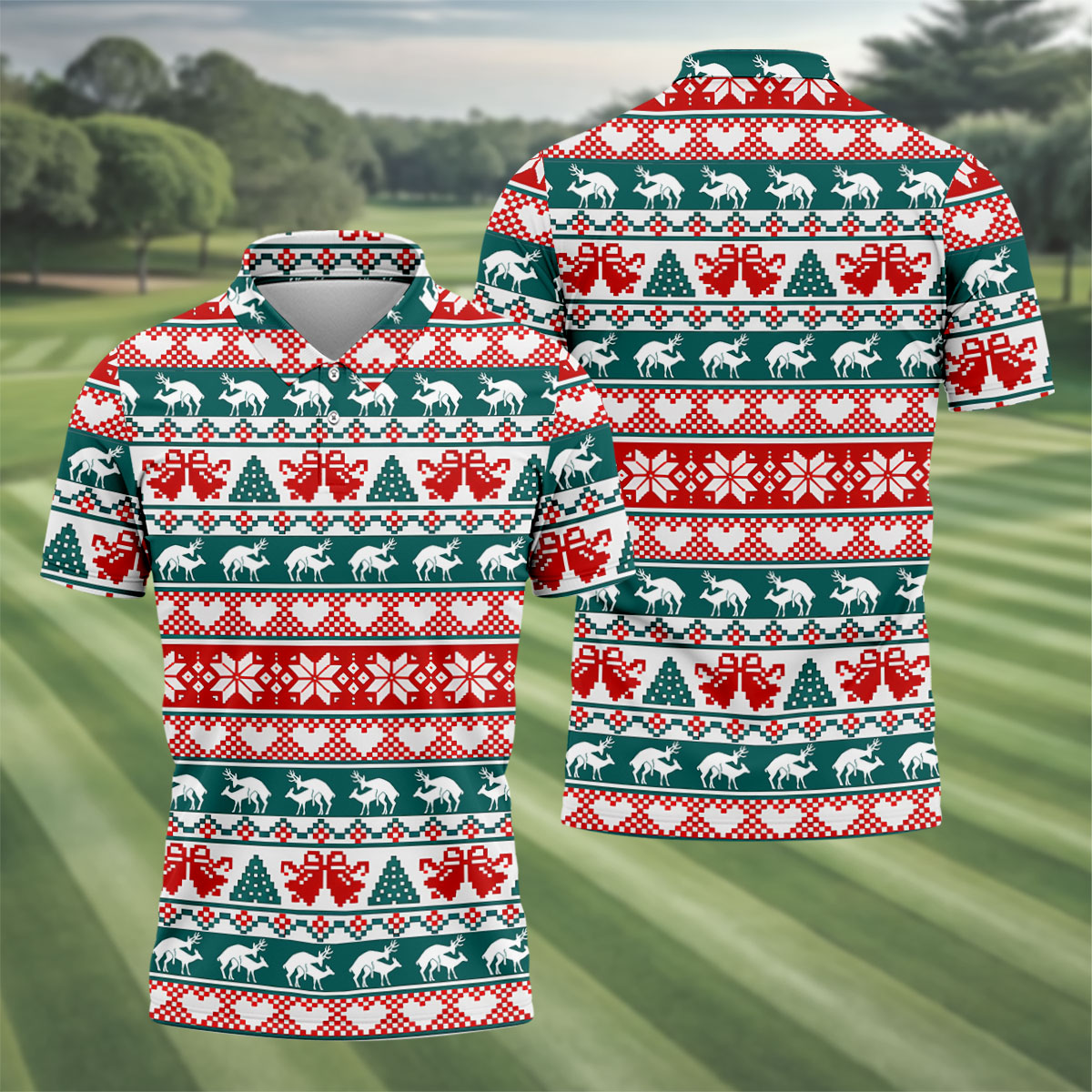 Christmas Reindeer Bells Snowflake Golf Polo Shirt, Mens Golf Shirts, Polo Shirts For Men