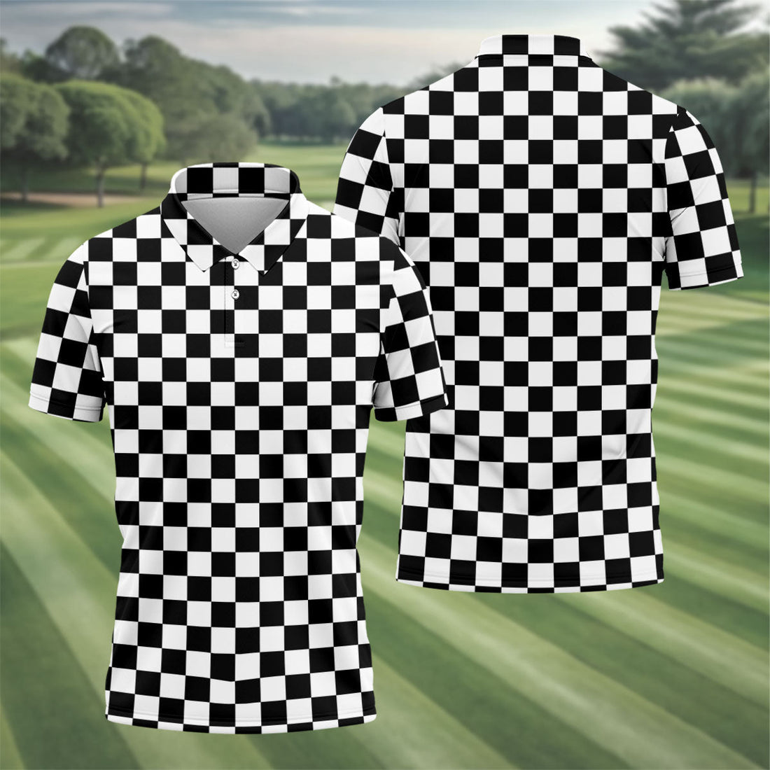 Black White Checkerboard Racing Pattern Golf Shirt, Men's Golf Shirt, Golf Polo Shirts For Men, Printed Golf Shirts
