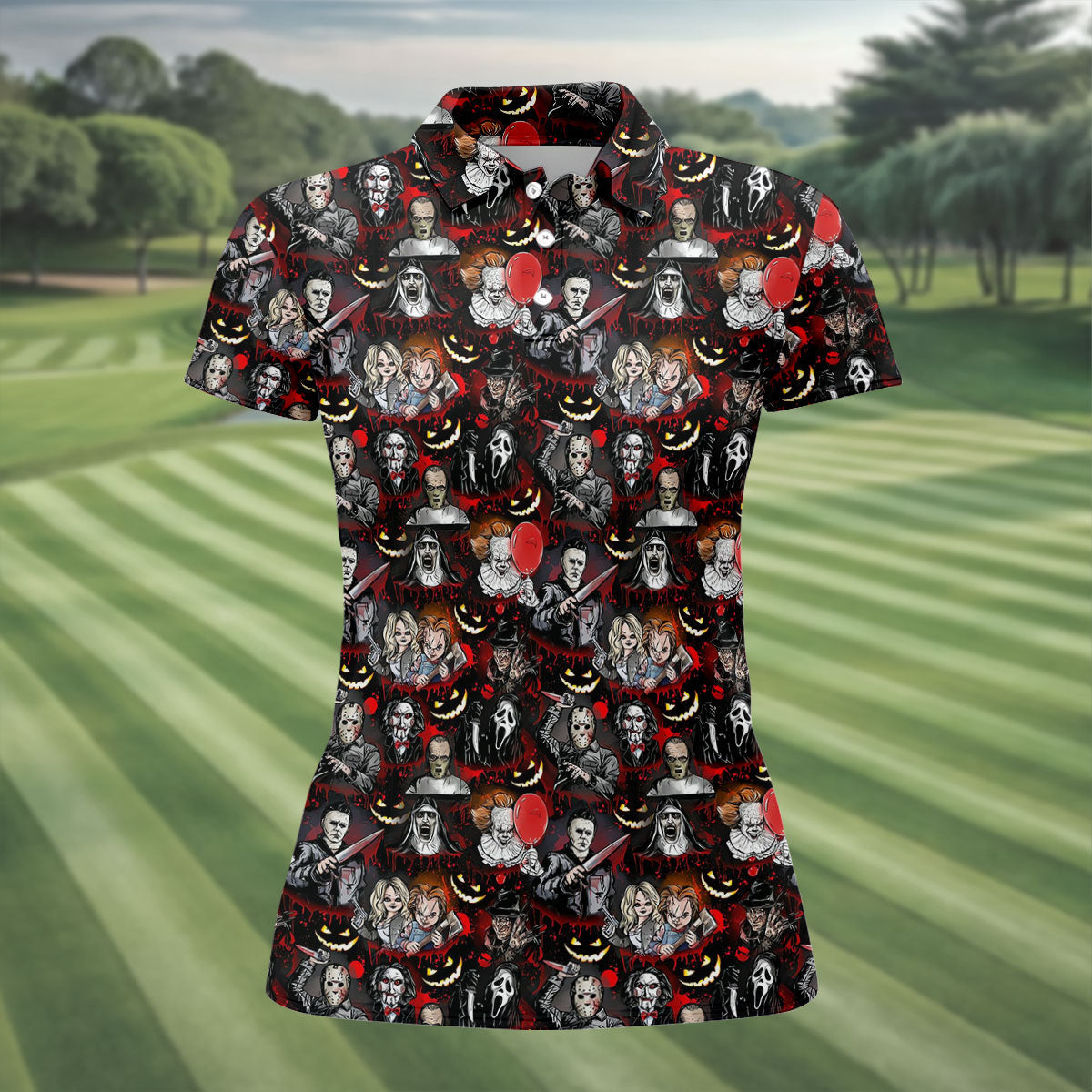 Horror Character Halloween Pattern Golf Polo Shirt, Womens Golf Polo, Ladies Golf Shirts
