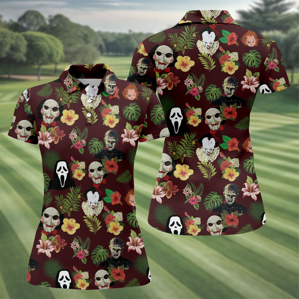 Floral Halloween Horror Character Hawaiian Golf Shirt, Women's Golf Tops, Golf Shirts For Women