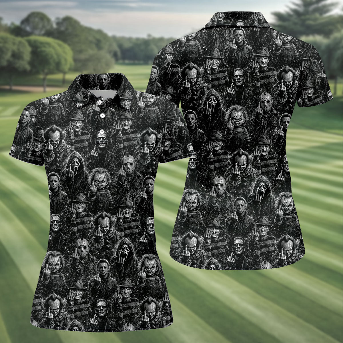 Horror Character Villains Pattern Golf Polo Shirt, Ladies Golf Tops, Golf Shirts For Women