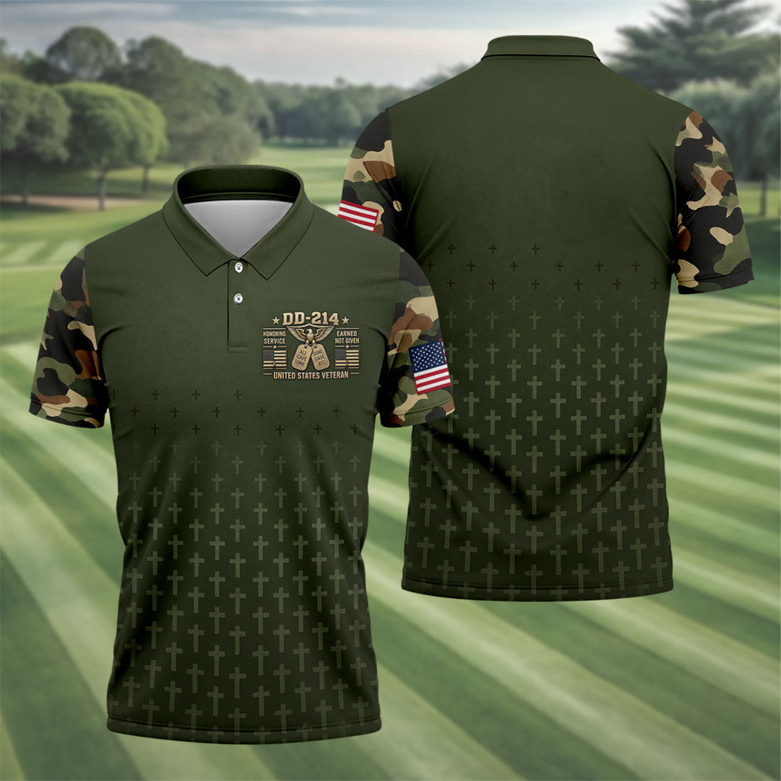 DD-214 Olive Green Cross Camo Polo Shirt, Veterans Day Shirt, Golf Shirts For Men