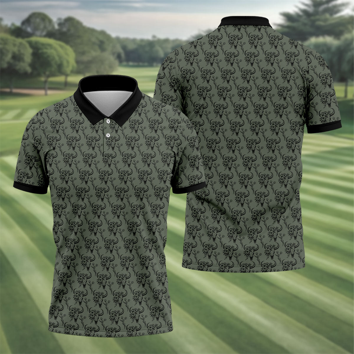 Cow Skull With Flowers Western Theme Forest Green Golf Tops For Men, Polo Shirts For Men, Golf Shirts For Men