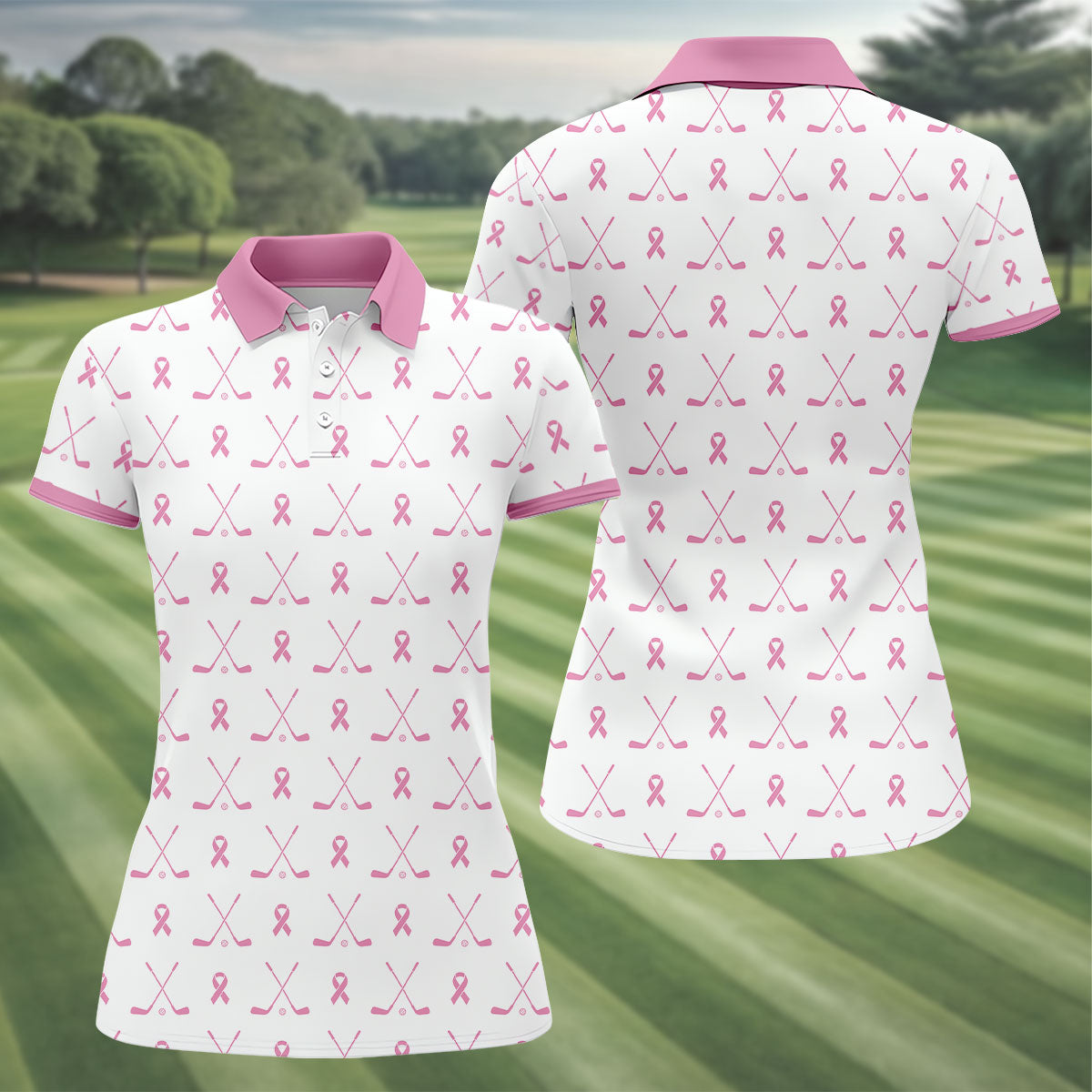 Pink Ribbon Golf Clubs Breast Cancer Polo Shirt, Golf Polo For Women, Ladies Golf Top
