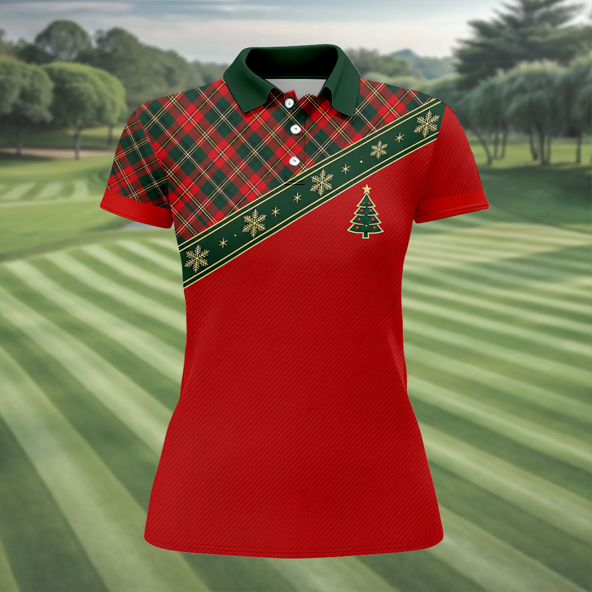 Red Plaid Snowflake Tree Christmas Golf Shirt, Womens Golf Tops, Ladies Golf Shirts